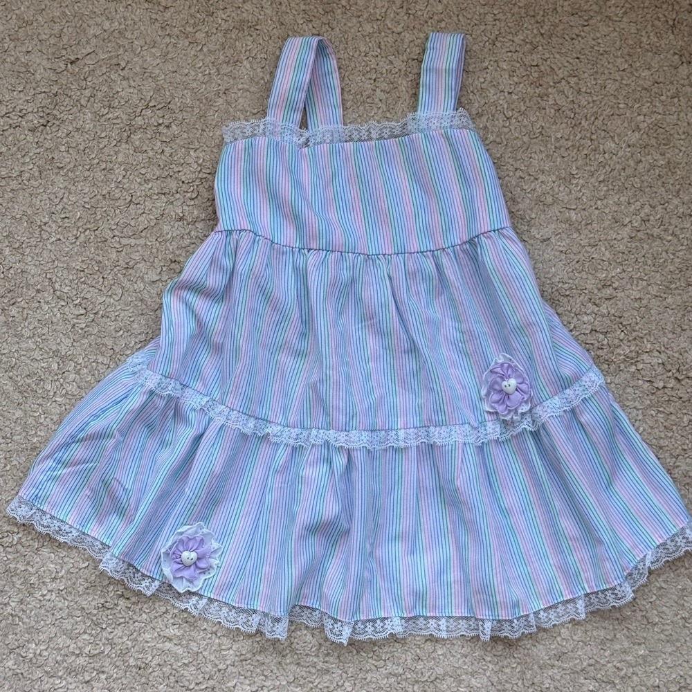 Vintage Handmade Girls Pastel Striped Tiered Lace Dress Rosettes Heart Button